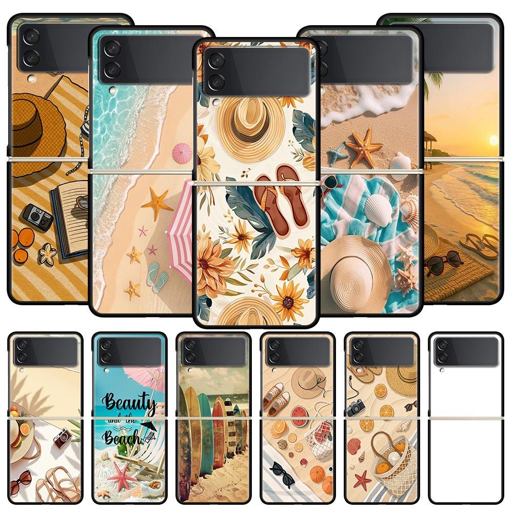 Summer Beach Hard PC Phone Case For Samsung Galaxy Z Flip 7 6 5 4 Black Cover For Galaxy Z Flip 3 Foldable Shell Fundas Capa Bag