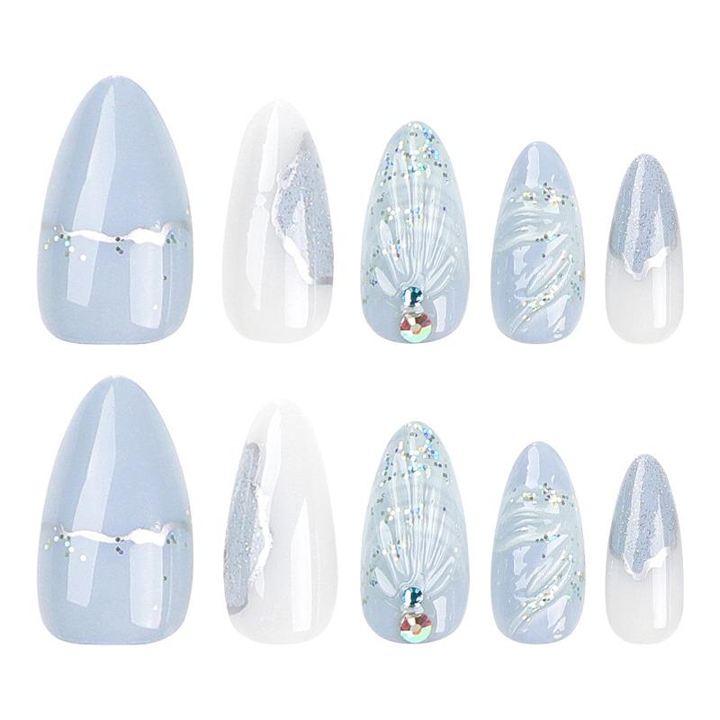 Cross-border hot-selling wearing nail pads finished products wholesale cool color 3D water drop shell manicure almond fake nails