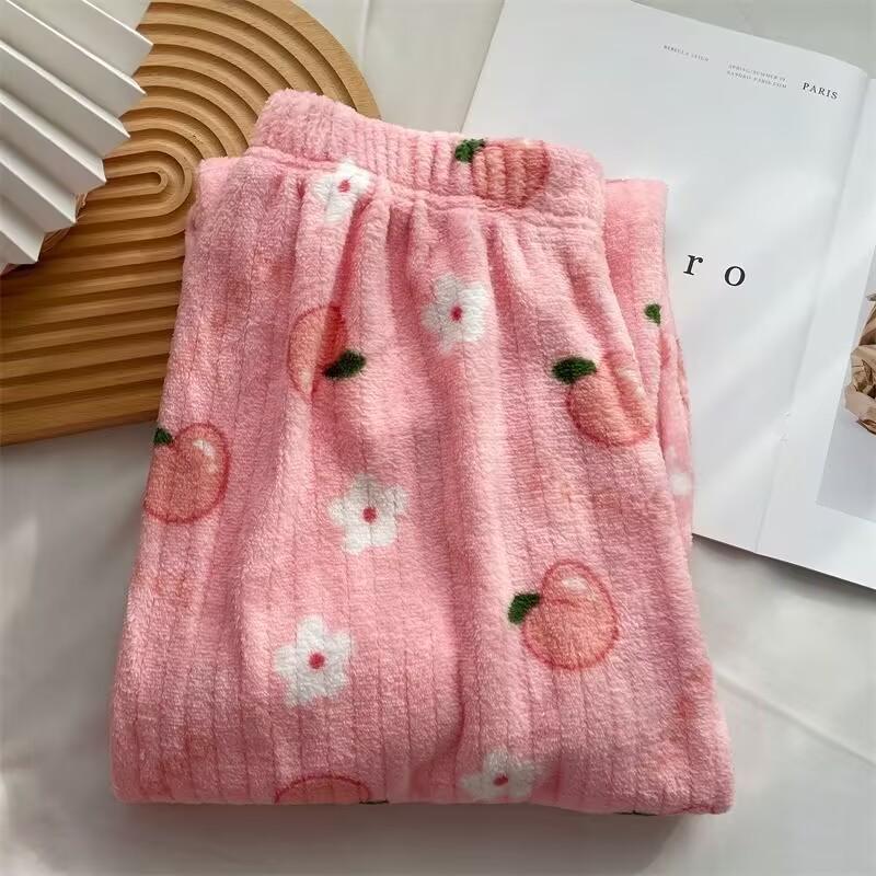 Women's 2025 Peach & Bear Print Coral Fleece Pajama Pants - Warm, Thickened, Casual Homewear for Autumn/Winter