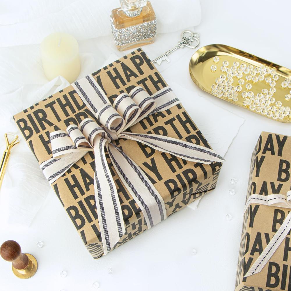 1roll Happy Birthday Gift Wrapping Paper, Vintage Striped Kraft Paper, High-Quality DIY Party Decoration, New Year Decoration