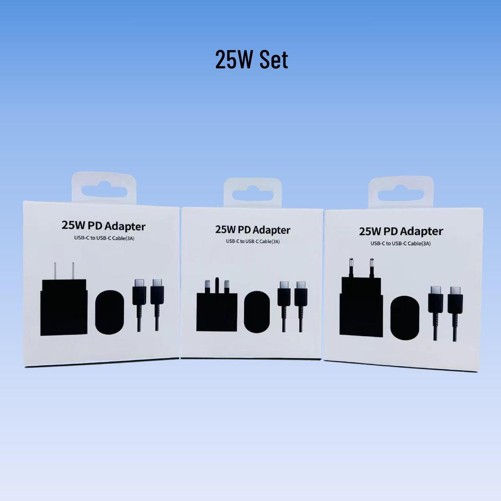 25W Super Fast Charger Set for Samsung Phones – PD 45W Charging Head with Cable, US/EU/China Plug Options.