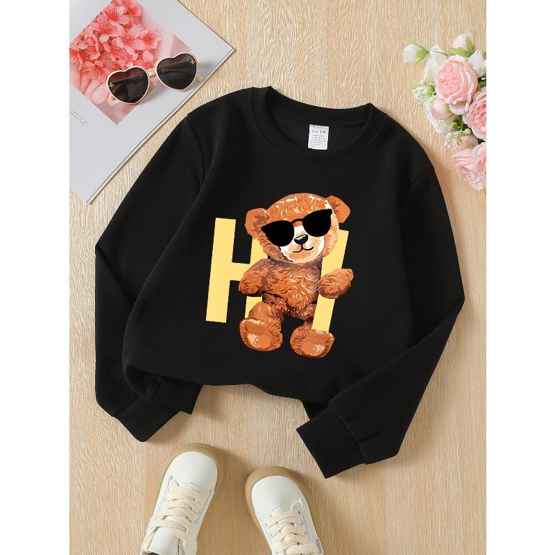 Girls' Crewneck Sweatshirt Cool Bear with Fashion Glasses And Letter H Machine Washable, Spring And Autumn