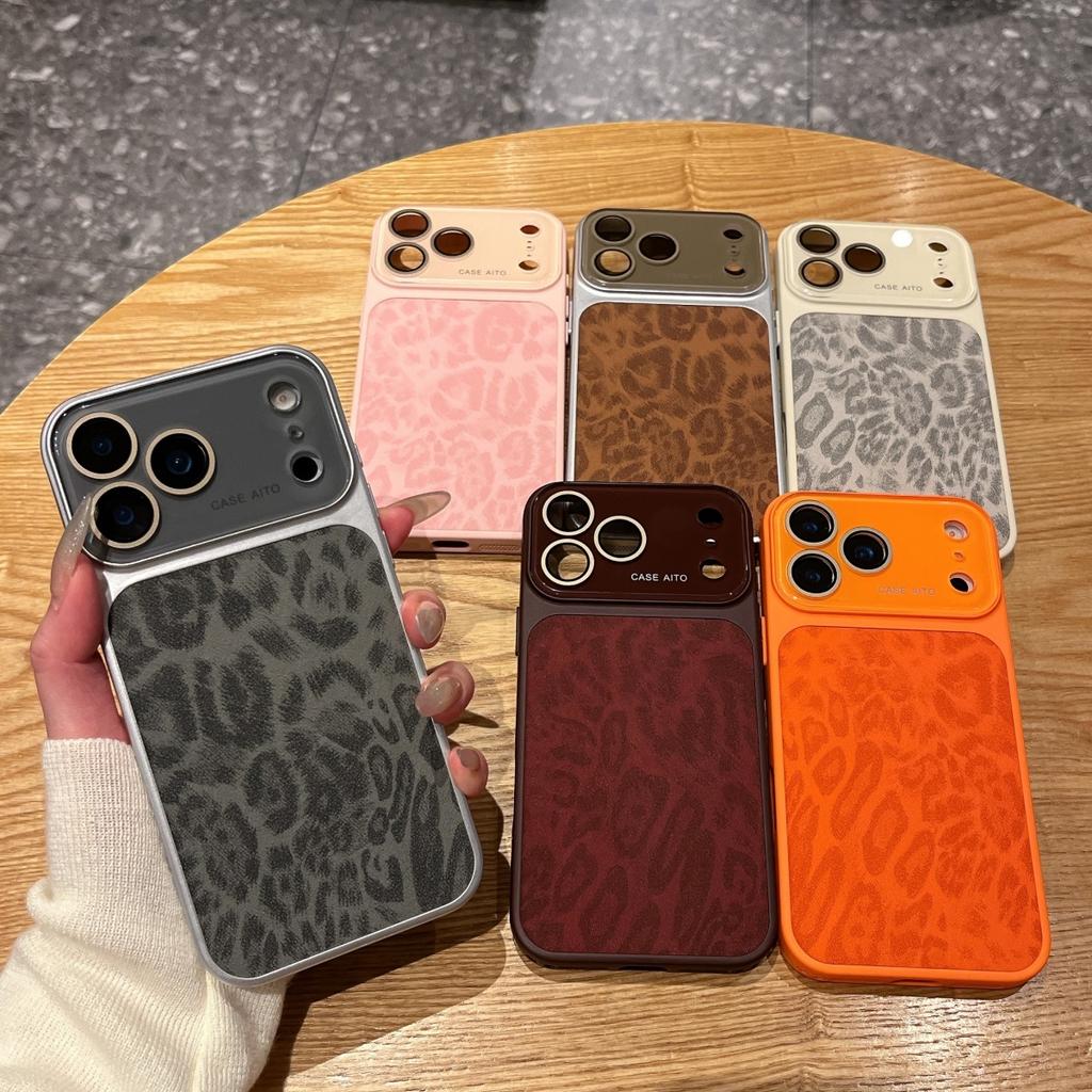Leopard Print PU Leather Texture Phone Case For iPhone 17 16 15 14 13 Pro Max Candy Color Large Window Shockproof Bumper Cover