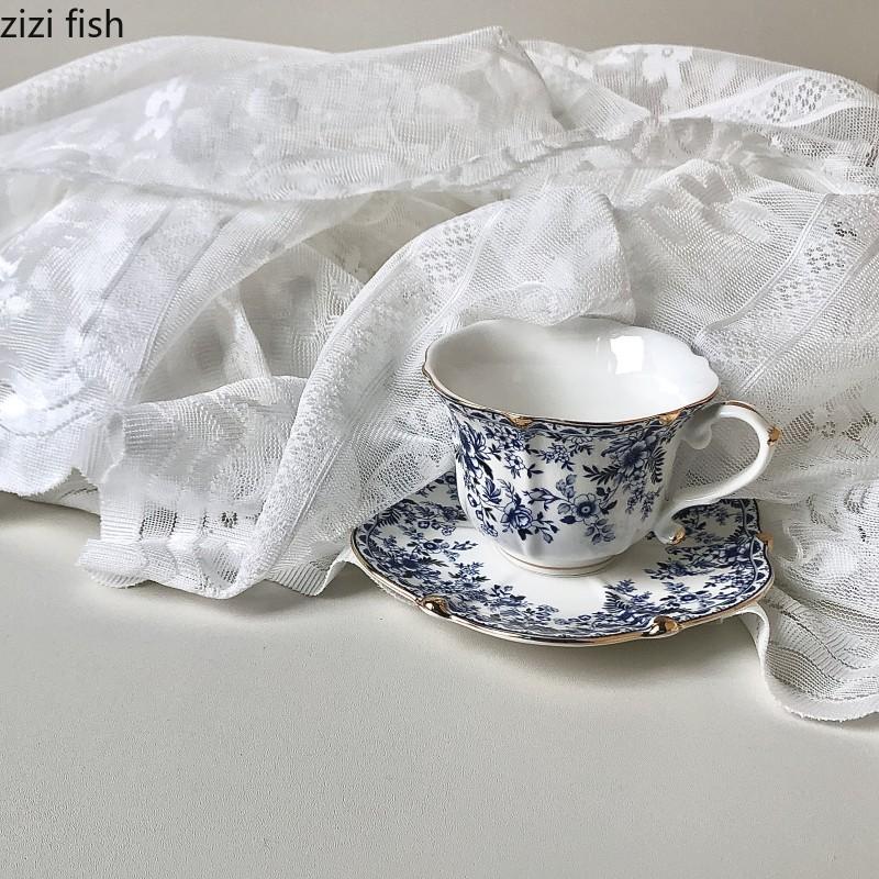 Vintage blå og hvit keramisk kaffekopp og skål Vannkopp Frokostkopp Ettermiddagste Blomstertekopper Melkekrus Kaffekrus