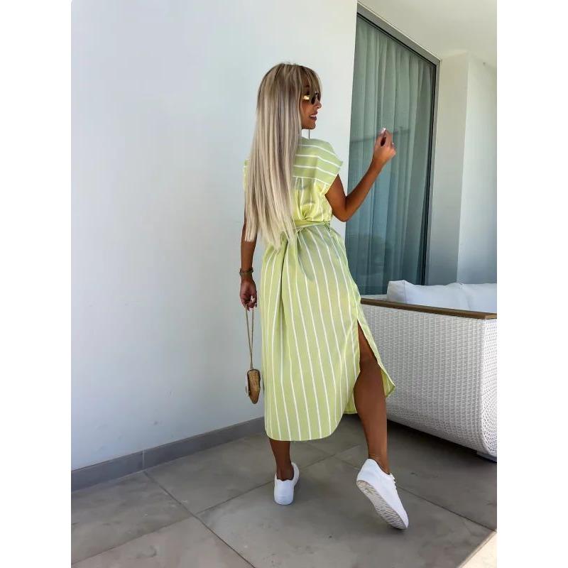 JKASHDK Damenmode Sommer Frühling Streifendruck Kurzarm POLO Ausschnitt Hohe Taille Freizeitkleider