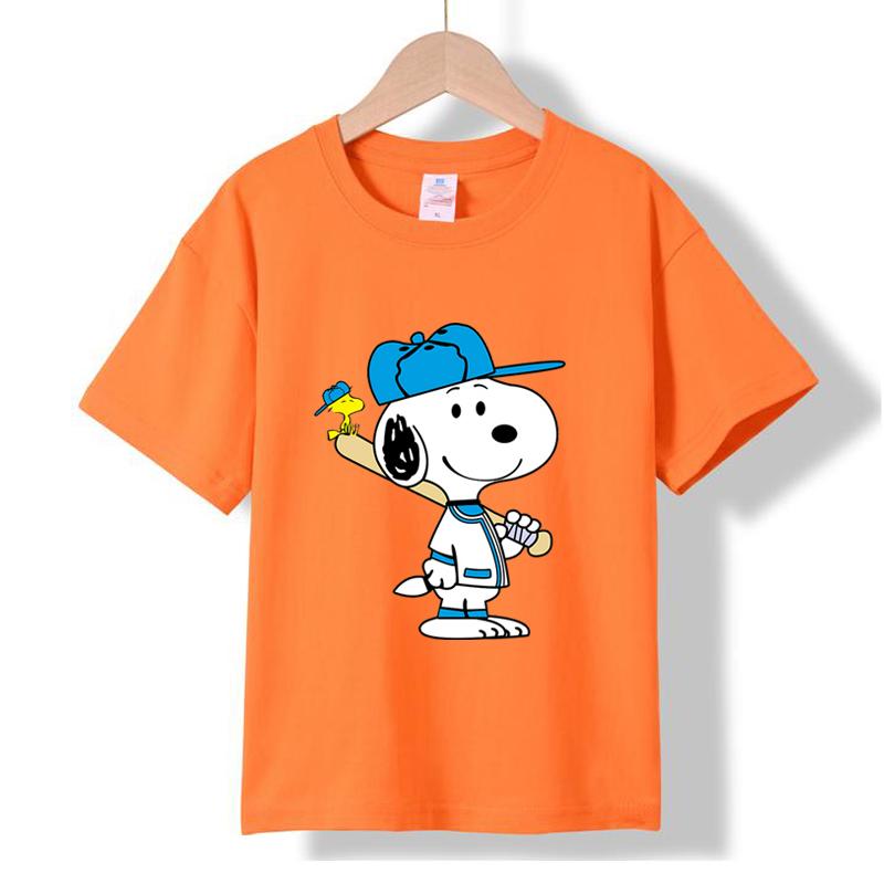 MC-77 MINISO 2026 Summer New Kids 100% Cotton T-Shirt Snoopy Baseball Print Short Sleeve Casual Tee for Boys Girls Ages 2-12