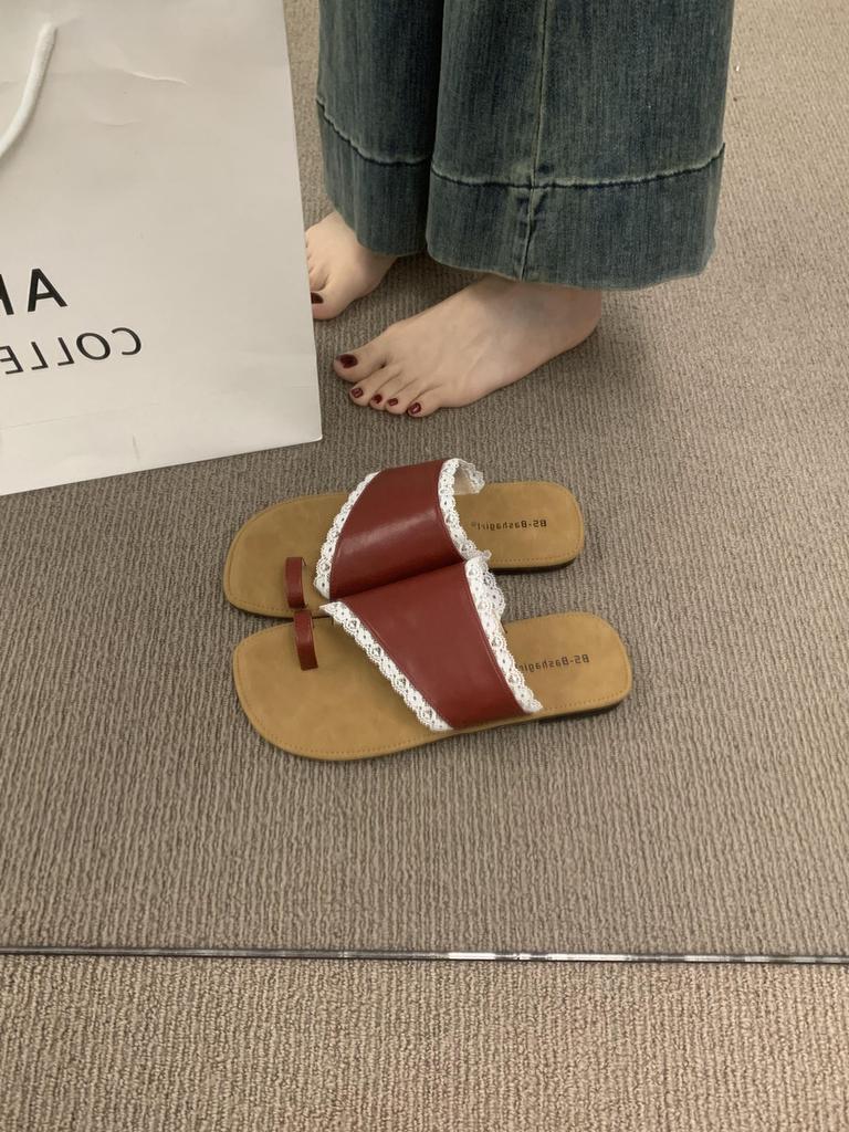 French beautiful lace edge toe slippers female summer wear bohemian fairy wind beach sandals