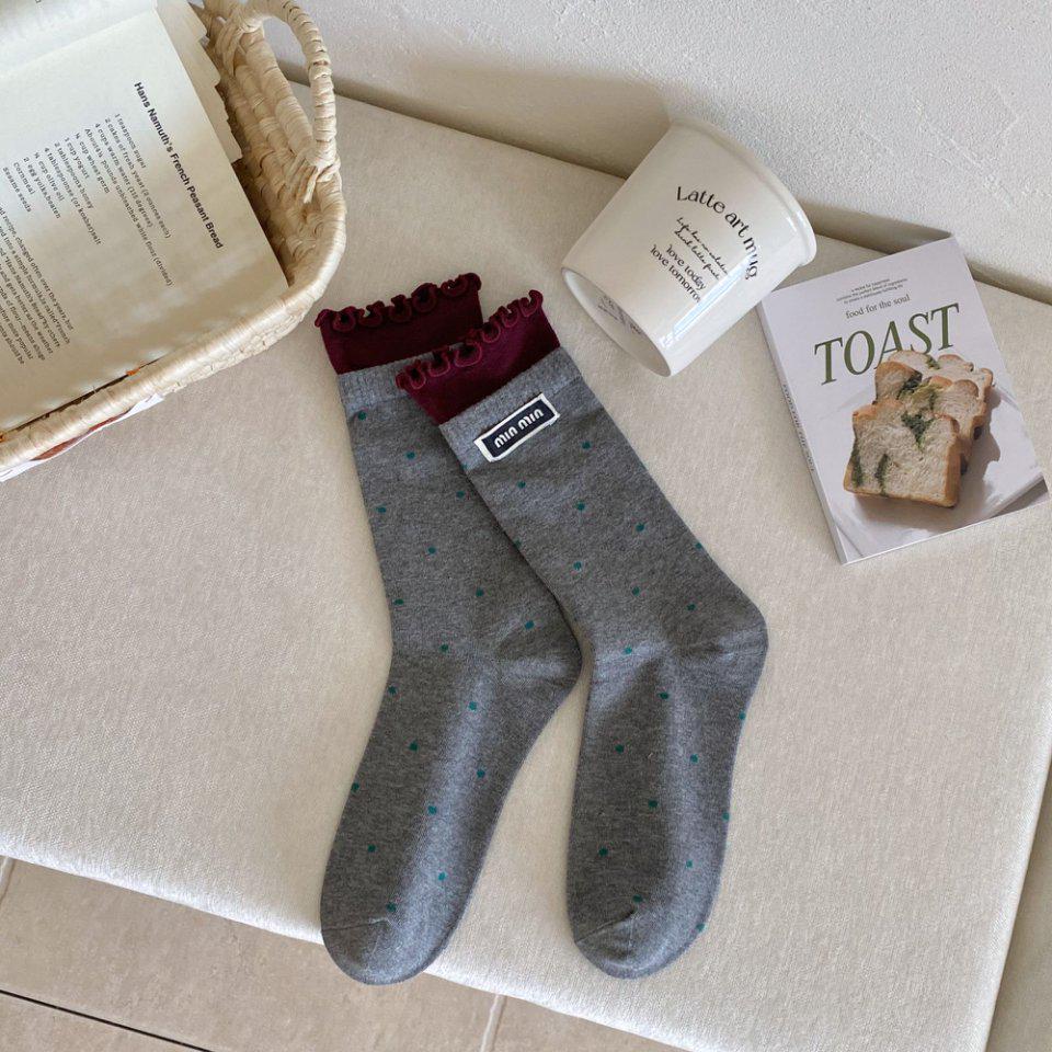 Chaussettes Mi-Mollet à Pois et Dentelle pour Femmes, Style Collège, Début d'Automne