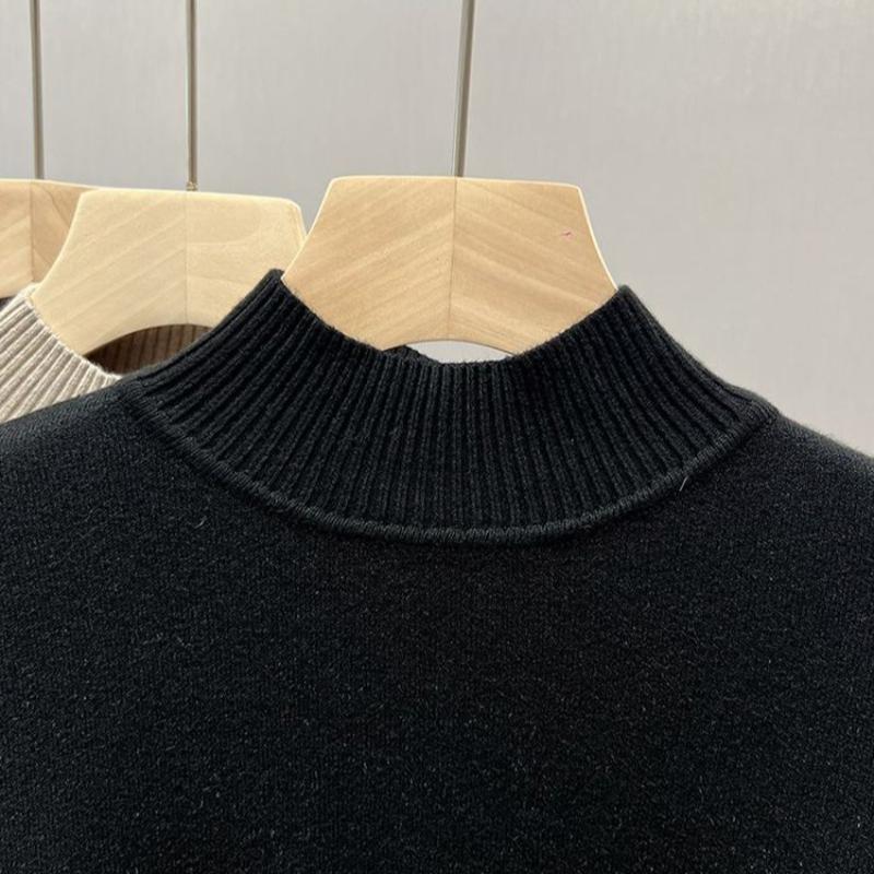 Autumn and Winter Plush Thick Velvet Base Women's Sweaters Long Sleeve Half High Collar Warm Knitted Sweater Ladies Elegant Solid Pullover Tops 24870