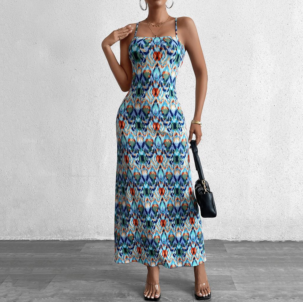 Ice Silk Suspender Dress, European and American Sexy Print Halter Strap Hip Wrap Long Dress