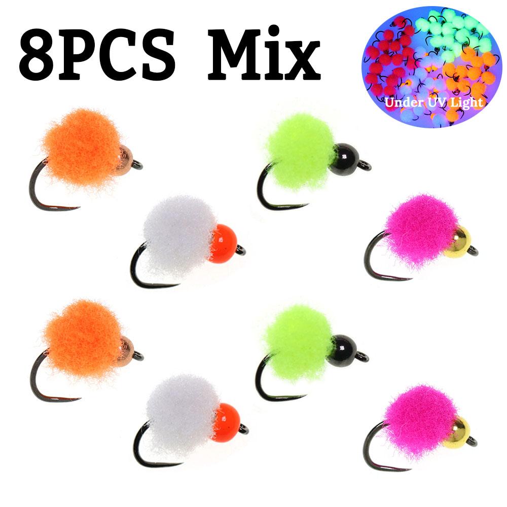 Glo Bug Egg Flies UV Fluorescent Beadhead Trout Salmon Steelhead Fly Fishing Lures, Egg Yarn Nymph Patterns for Freshwater Fishing