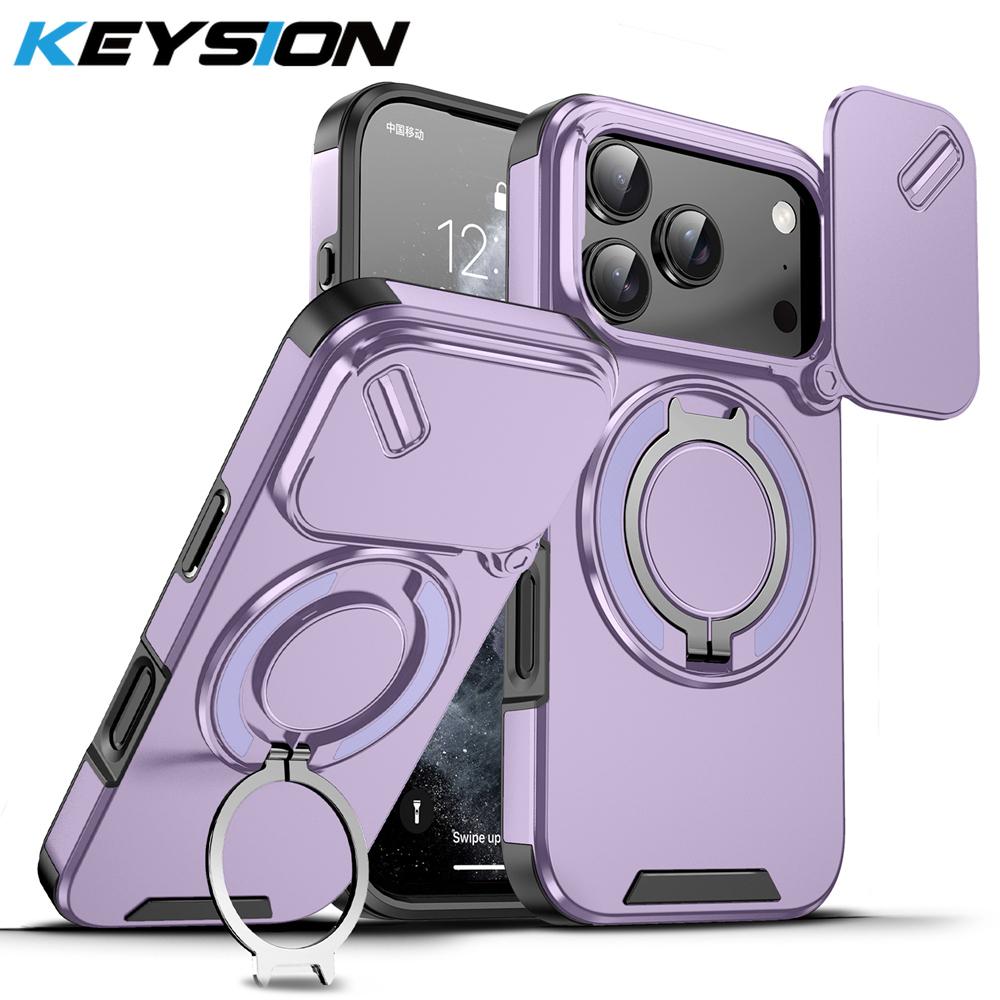 KEYSION 360° Rotating Ring Stand Phone Case for iPhone 17 Pro Max Silicone+PC Slide Camera Protection Magnetic Shockproof Cover