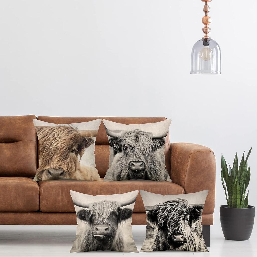 Highland Cow Throw Pillowcase, Decorative Cow Print Linen Pillowcase Sofa Cushion Living Room Car Bedroom Cushion Cover