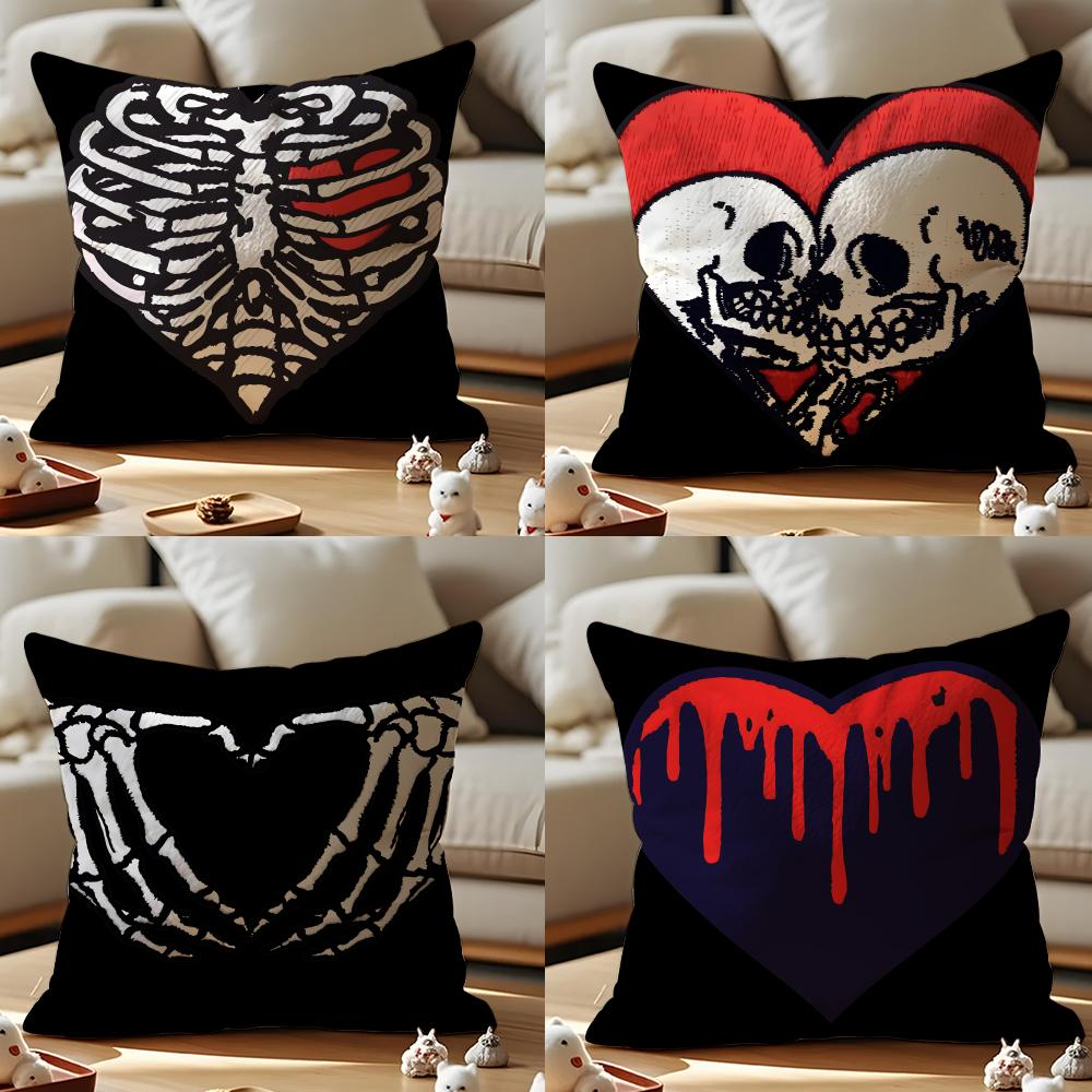 Cool Skull Heart Print Cushion Cover Anti-dustmite Pillowcase Invisible Zipper Silky Short Plush Sofa Cushion Cover