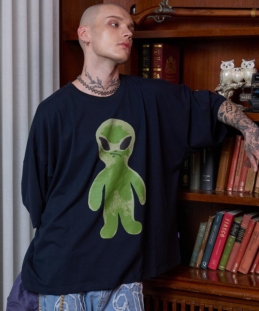HOODHOOD Alien Graphic Oversized Short Sleeve T-Shirt Navy