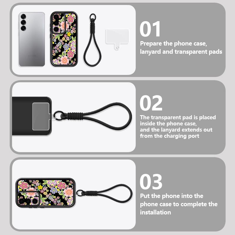 Wrist Lanyard Phone Case For Samsung Galaxy S26 S24 S25 Ultra S23 S25 FE A57 A17 A56 A16 A55 A54 A15 A25 Pink Flower Print Cover