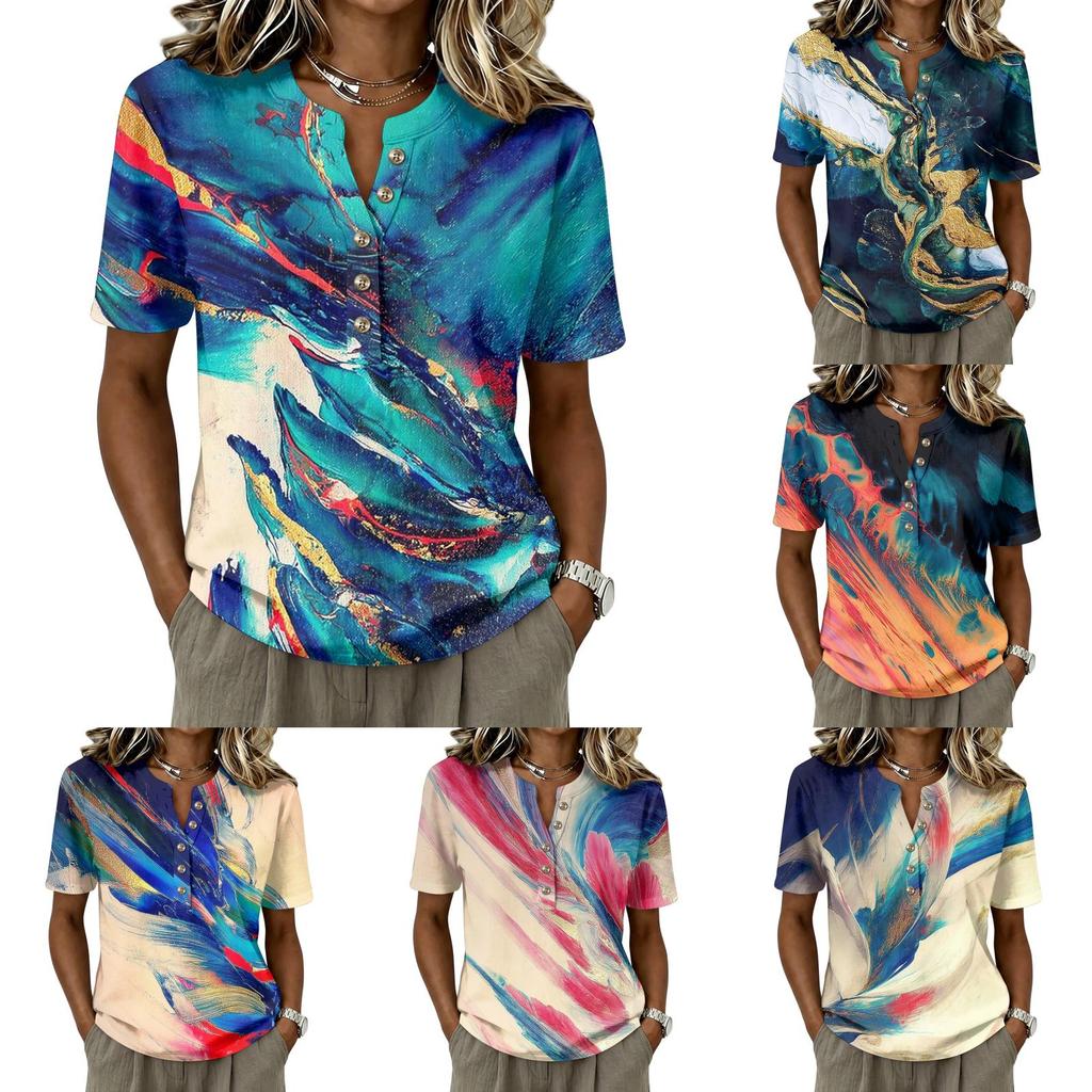 Women's Short Sleeve Henley Button Neck Shirt Cotton Linen Blend Lightweight Casual Top with Abstract Print Pattern for Summer and Spring