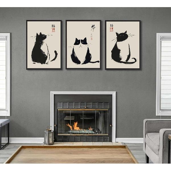 3Pcs Vintage Japanese Cat Wall Art Cute Funny Japanese Black Cat Canvas Paintings Japanese Matsumoto Hoji Prints Neutral Wall Decor Cat Pictures