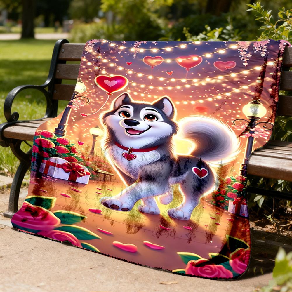 

1pc Romantic Dog Outdoor Flannel Blanket , Machine Washable Perfect Gift for Birthday , Holiday Travel Accessory , Durable Material 80x120cm
