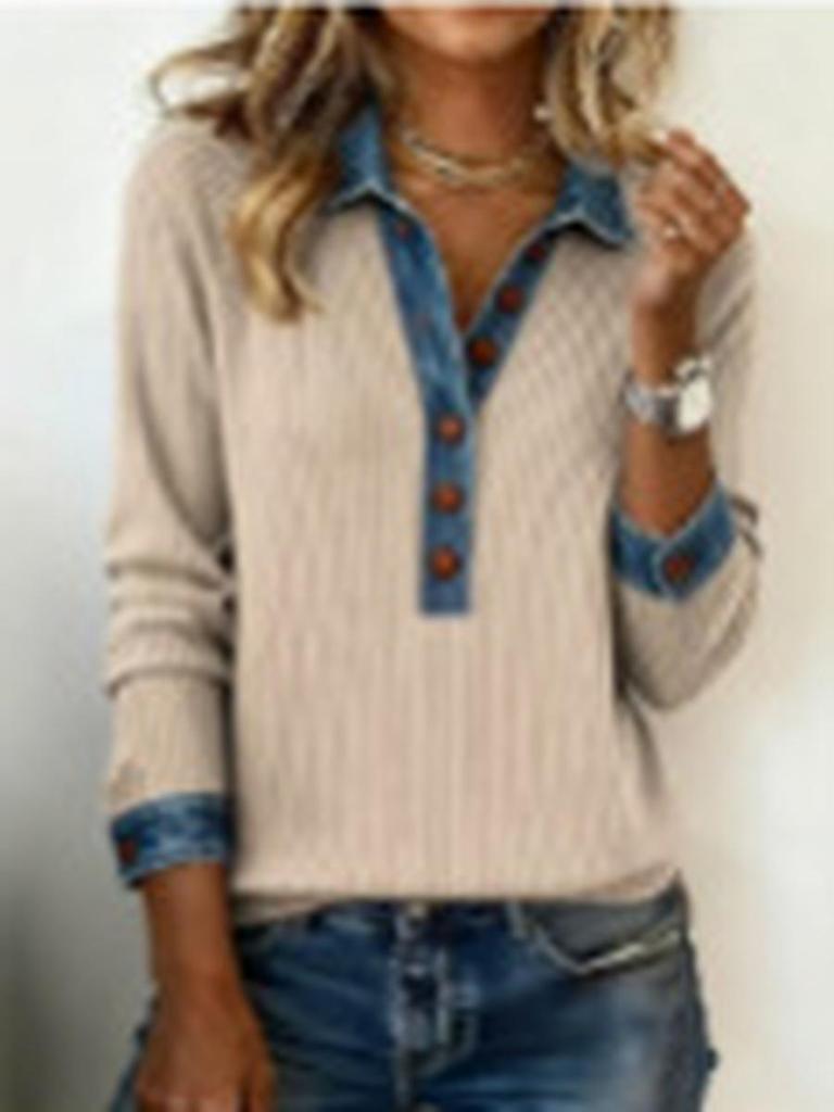 Damen Ins Stil Denim Langarm Rundhals Patchwork Strickoberteil