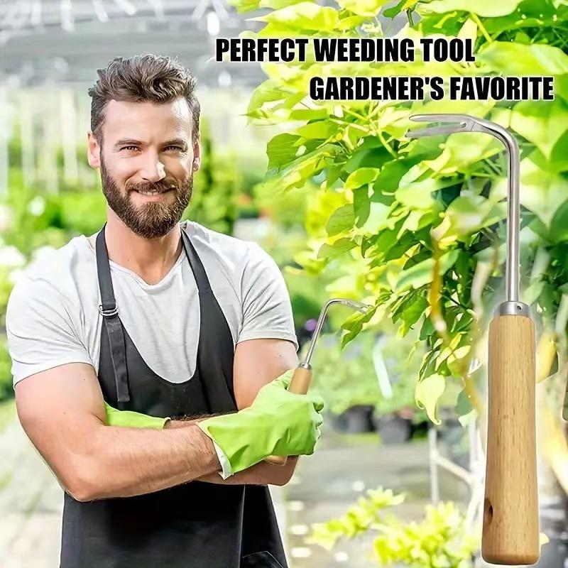 1PC Double Hook Weeding Tool with V-Shaped Metal Head and Solid Wood Handle - Deep Weeding, Learning Gardening Tool