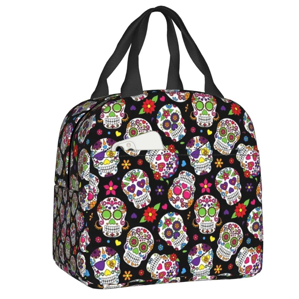 Mexican Sugar Skull Day Of The Dead Art Insulated Lunch Bags Women Resuable Thermal Cooler Food Lunch Box Outdoor Camping Travel