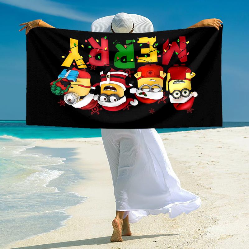 1Pc Christmas Minions Celebration Beach Towel Microfiber Beach Towel Thin Absorbent For Beach Swimming Yoga Bath Sports