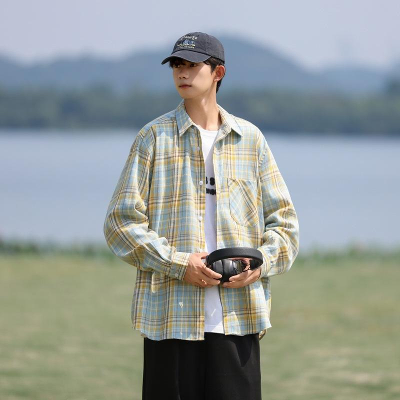 Japanese Plaid Shirt Men's Long-sleeved Spring and Autumn Retro Teenager Feel Handsome Trendy Casual Shirt Jacket