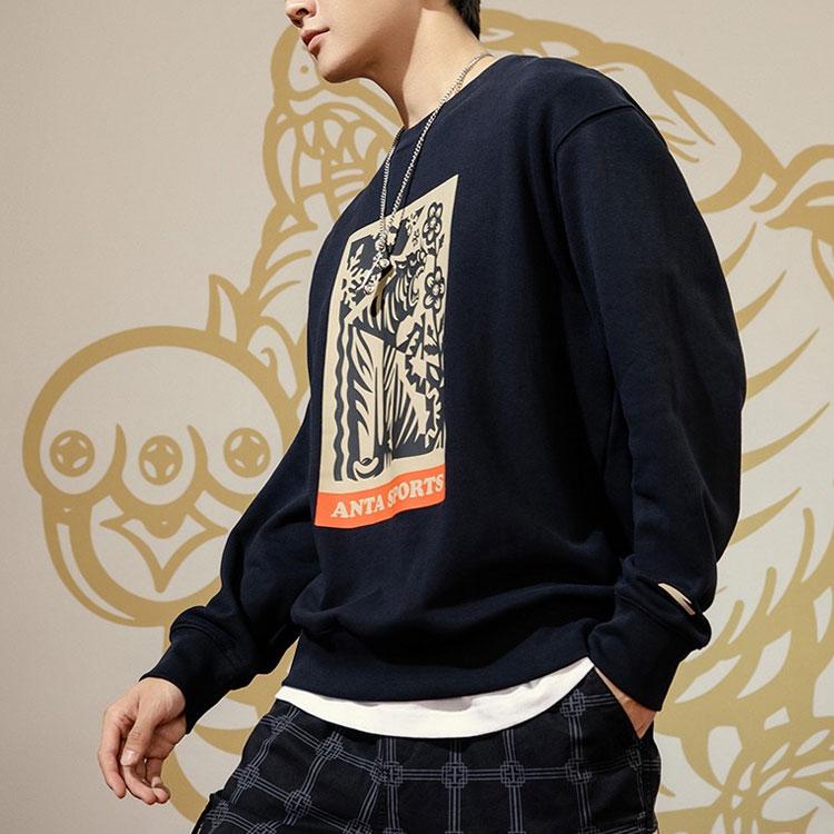 Anta Life Series Tiger Spirit New Year Pattern Print Crew Neck Sweatshirt Unisex Tops Black 152218730-3