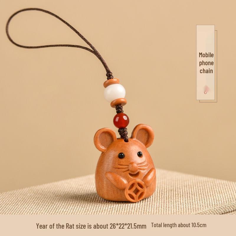Sandalwood Zodiac Rat Pendant Keychain Necklace: Versatile Charm for Bags and Phones