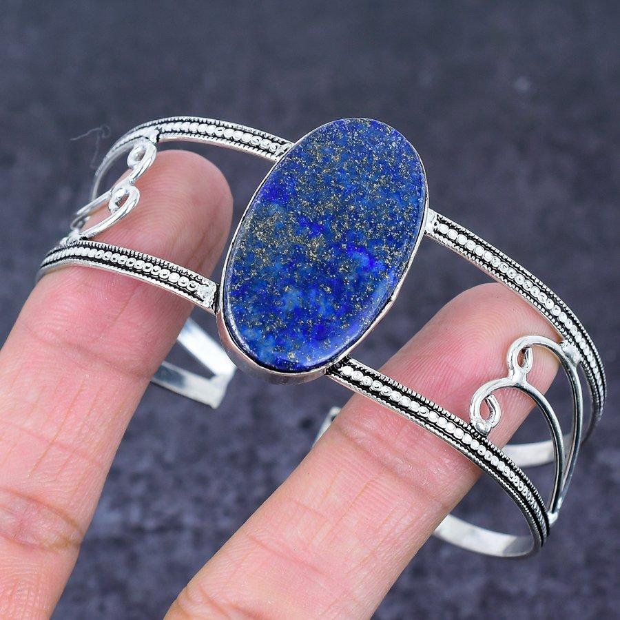 Natural Lapis Lazuli Gemstone 925 Sterling Silver Cuff Bangle Adjustable S0r47