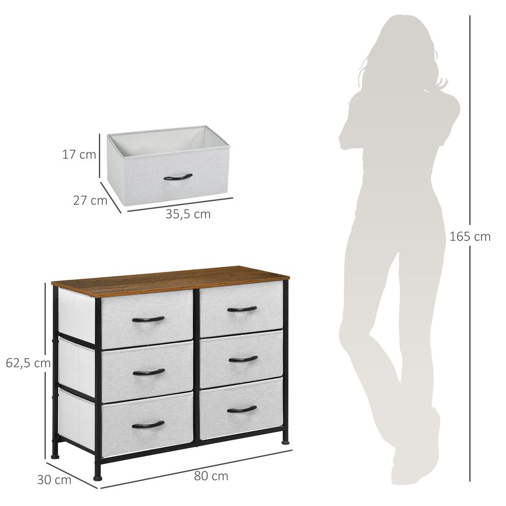 Fabric Chest of Drawers, Industrial Bedroom Dresser with 6 Fabric Drawers, Steel Frame and Wooden Top for Nursery, Living Room, Hallway, Grey