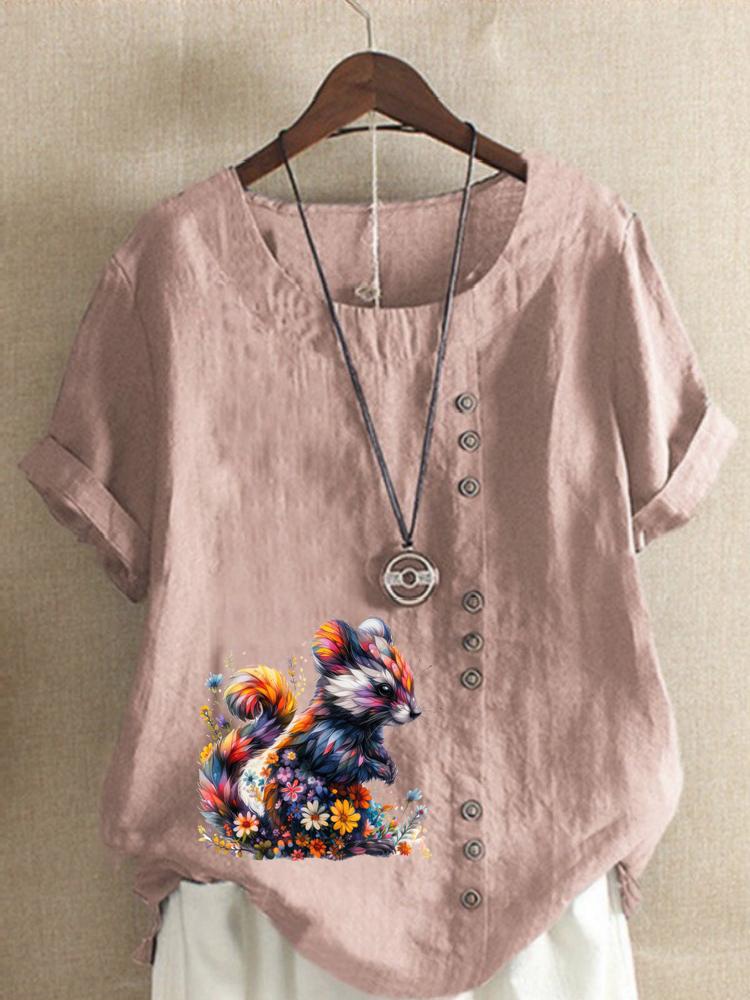 Women s Fashion Floral Squirrel Print Shot Sleeve T-shirt Loose Cotton Shirt Casual Loose Summer Blouse Tops Plus Size S