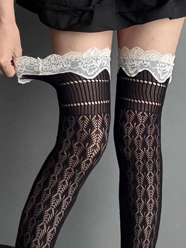 

1 Pairs Women Japanese Style Thigh High Stockings Y2K Hottie Retro Jacquard Mesh Socks JK Lolita Sweet Lace Fishnet Stockings One Size чёрный