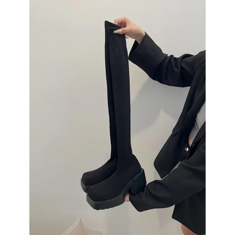 Fashion Women's New Spring Autumn Elastic Socks Boots Long Tube Over Knee Thick Heel Slimming Knit Socks Shoes Polyurethane Sole Rubber