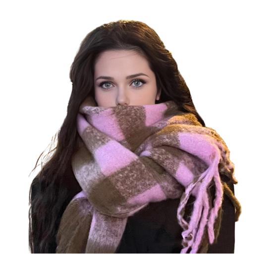 Winter Scarf Cashmere Feel Plush Scarf with Tassel Decoration Thickened Warm Plaid Pattern Winter Long Scarf