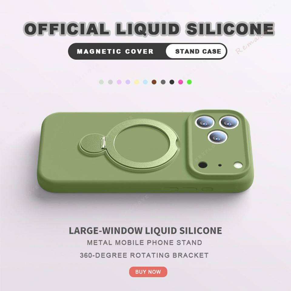 Liquid Silicone Magnetic Phone Bracket Case For iPhone 17 13 14 15 16 Pro Max Air Plus Magsafe Stand Holder Protector Cover