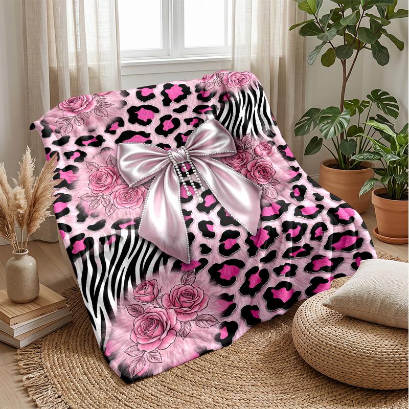 Pink Leopard Roses Bow Theme blanket Lightweight Warm Flannel Blanket Decorative Throw Blanket for Home Decoration