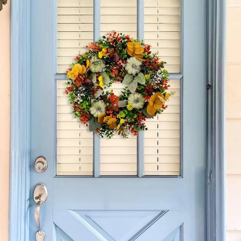 Harvest Festivals Faux Pumpkin Wreath Elegant Fall Flower Wreath Artificial Flower Decoration for Wall or Window