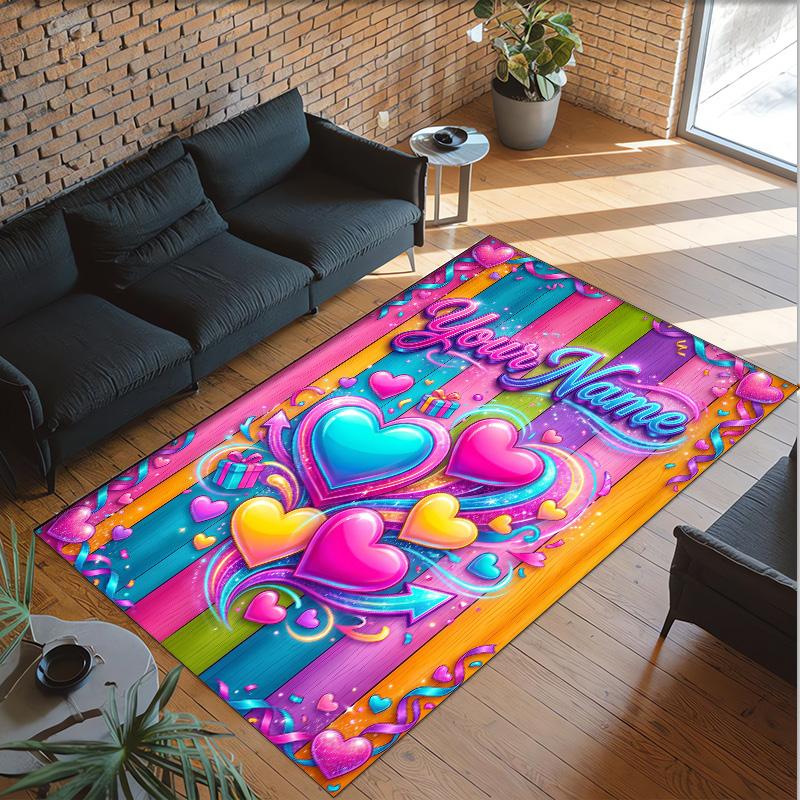 Hearts Theme Crystal Velvet Floor Rug Personalized Custom Name Text Warm Carpet Home Decoration