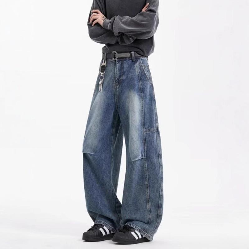 American retro washed pleated straight jeans men's street trendy brand deconstruction loose casual wide-leg scimitar pants