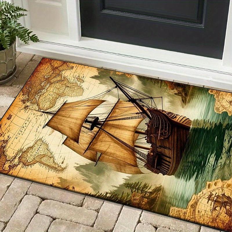 Sailing ship map rug for study room nautical adventure design home office carpet Anti slip carpet can be machine washed