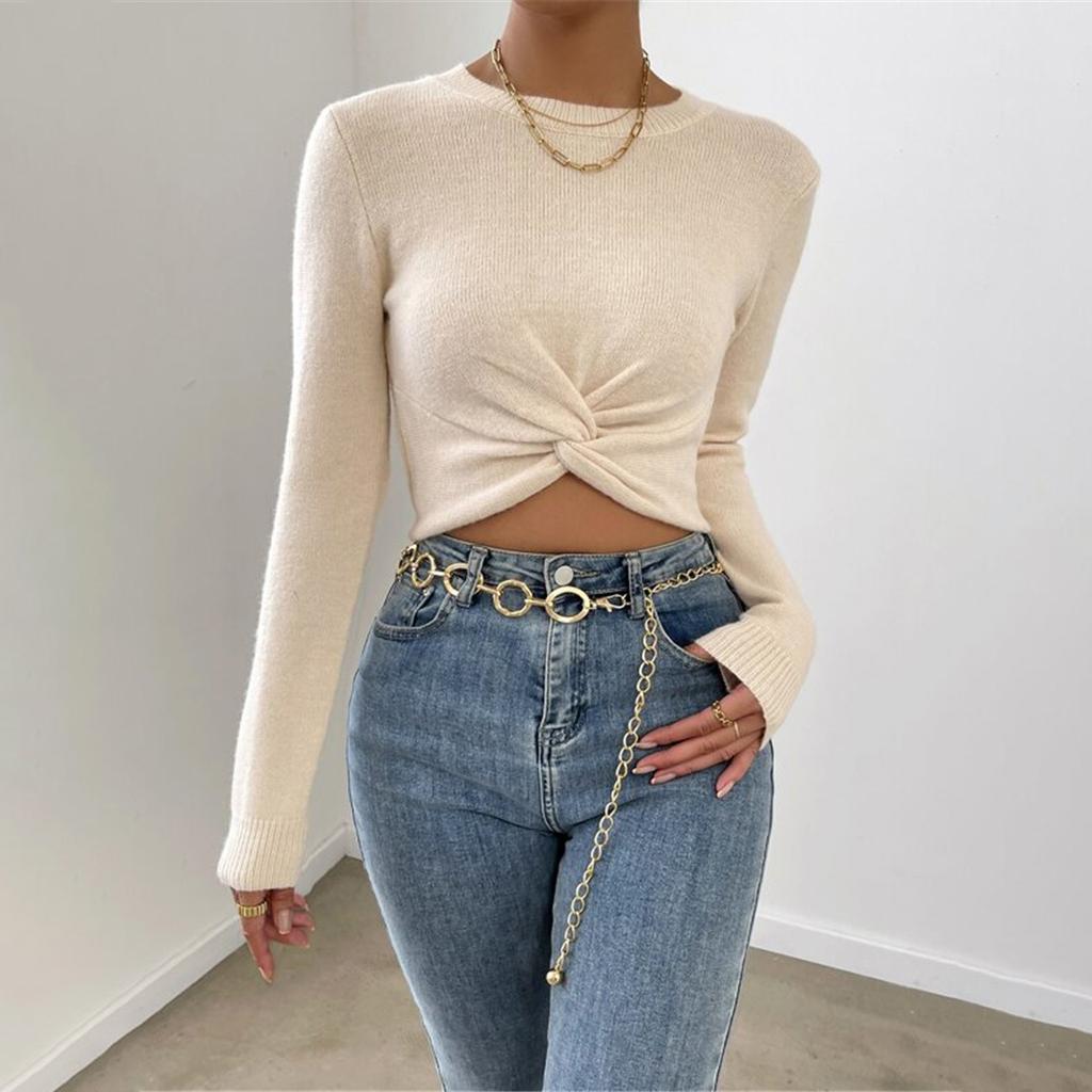 Autumn And Winter Slim Women's Fashion Solid Colour Versatile Round Neck Design Cross Knit Top Sweater