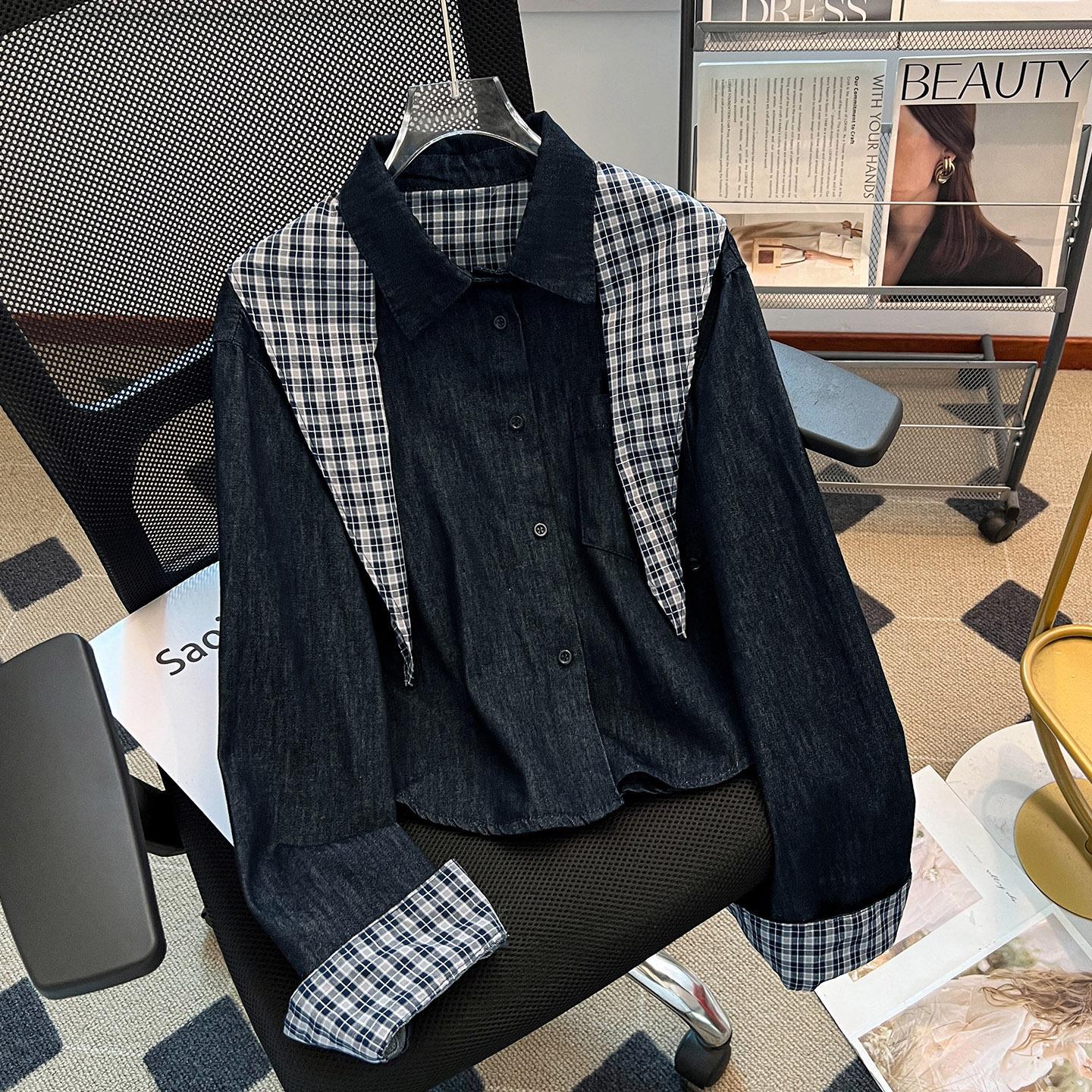 Women s 2025 Early Autumn Korean Style Denim Shirt Jacket with Plaid Shawl, Thin Long-Sleeve Design Large синий