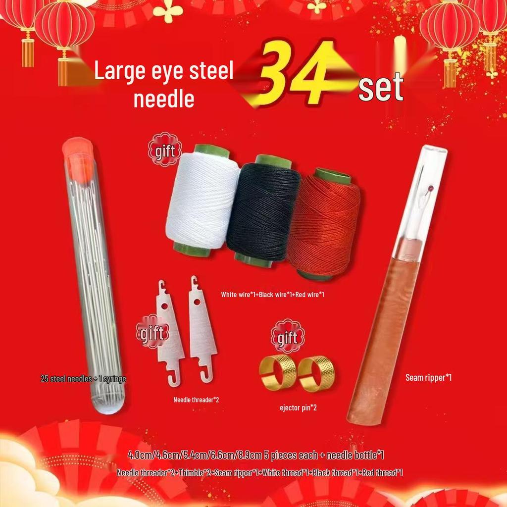 34-Piece Large Eye Hand Sewing Needle Set for Quilting, Embroidery, and Clothes Repair