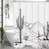 Line Art Desert Cactus Shower Curtain, Bathroom Decorative Shower Curtain, Waterproof Shower Curtain with Hooks