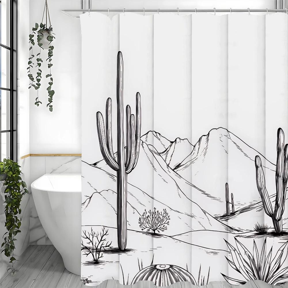 Line Art Desert Cactus Shower Curtain, Bathroom Decorative Shower Curtain, Waterproof Shower Curtain with Hooks