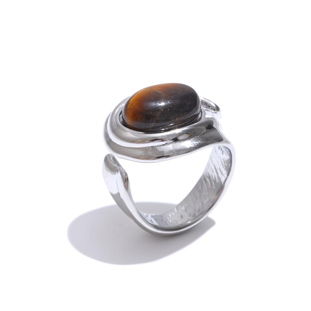 Eetit Popular Stainless Steel Natural Tiger Stone Finger Ring Gold Silver Color Waterproof Geometric Charm Jewelry 2024