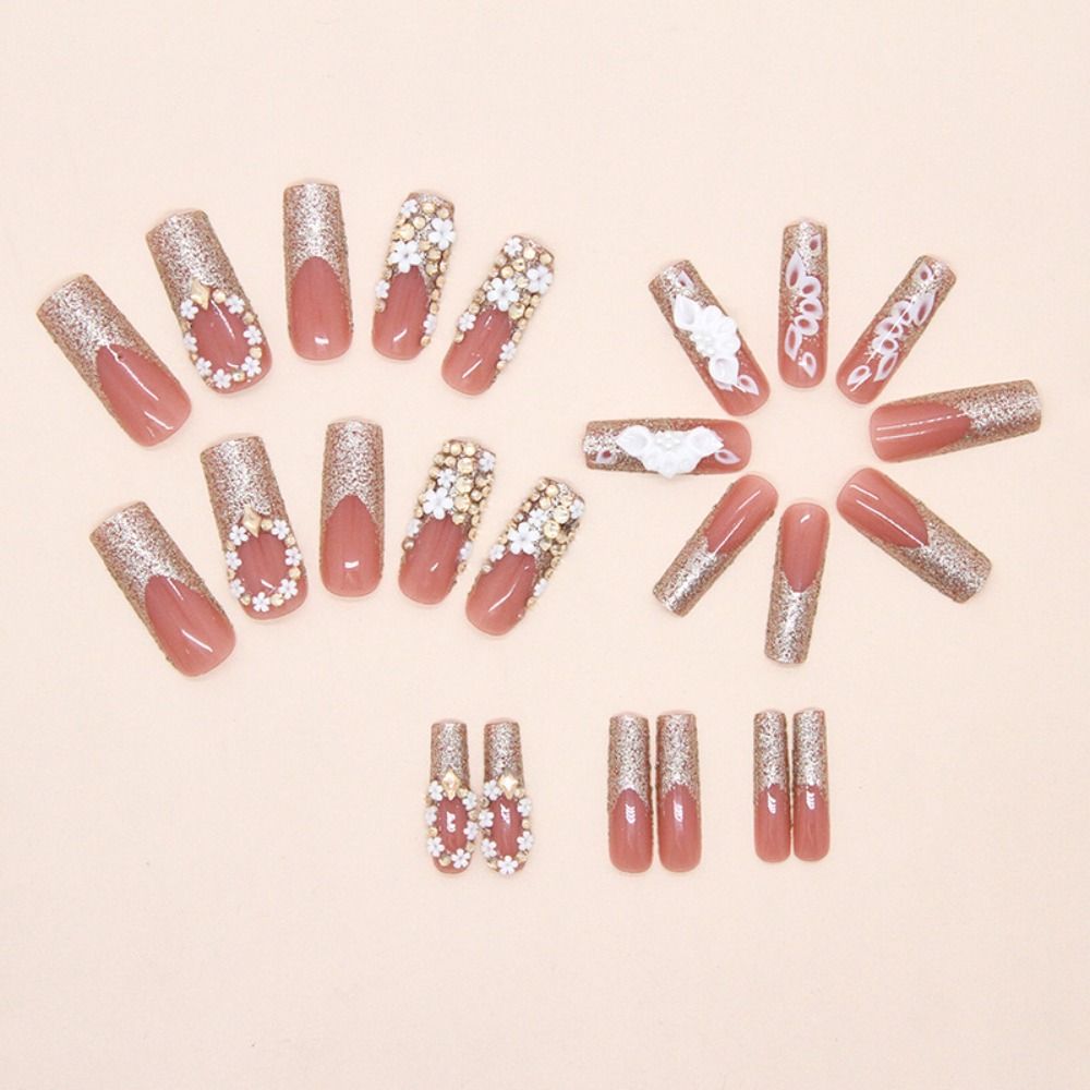24pcs Long Water Pipe False Nails Sparkling Rhinestone White Flowers Nail Tips Green Daisies Full Cover Fake Nails DIY