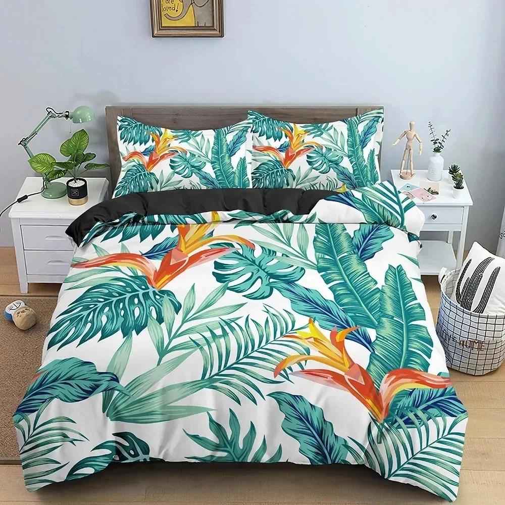 Green Plant Leaves Duvet Cover Set Floral Bedding Set Tropical Pattern Quilt Comforter Cover With Pillowcase Home Textile